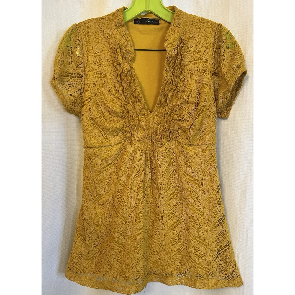 HeartSoul Mustard Yellow Babydoll Tie Back Ruffled Blouse XL Boho Y2K Whimsy